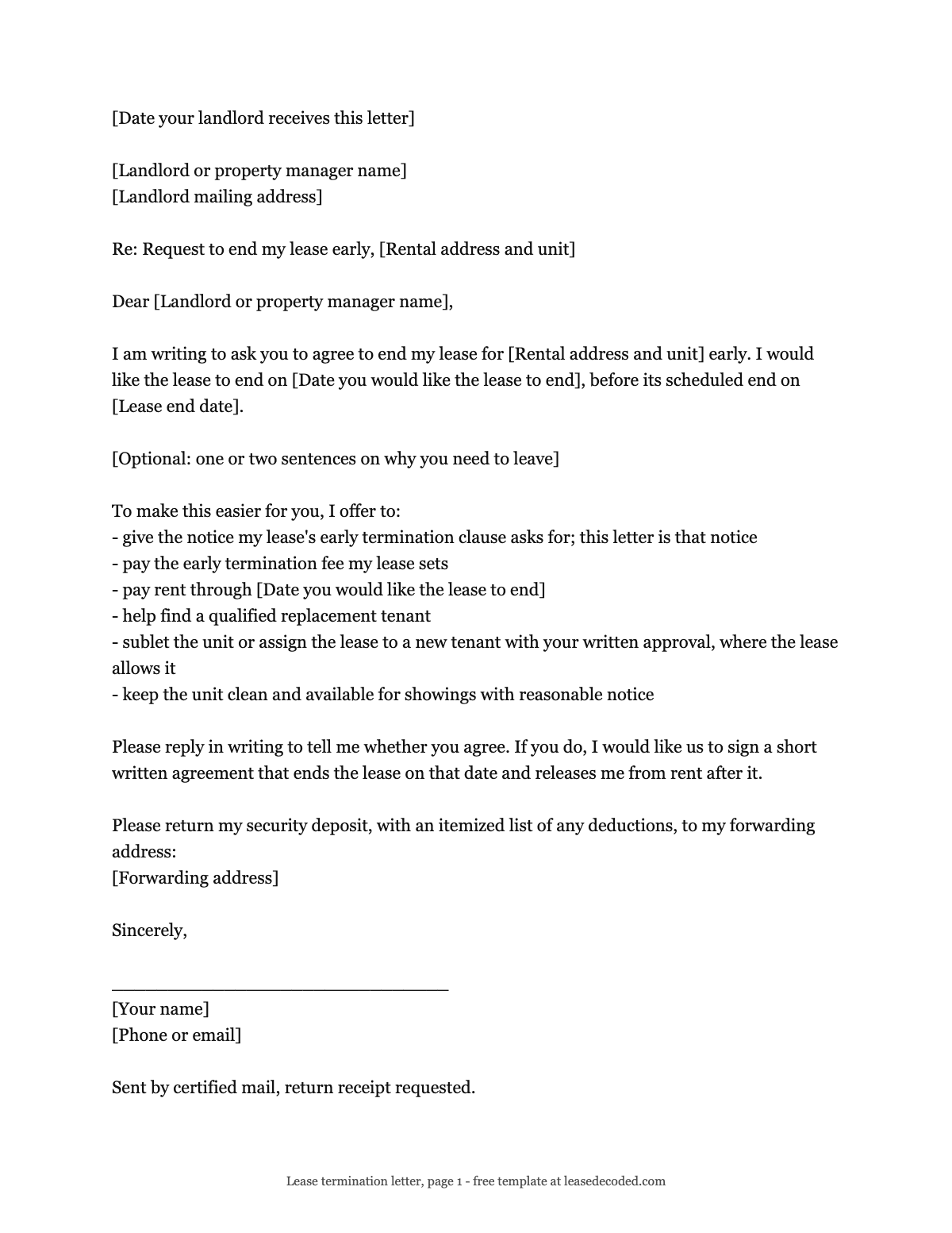 Lease termination letter template asking a landlord to end the lease early, page 1 sample
