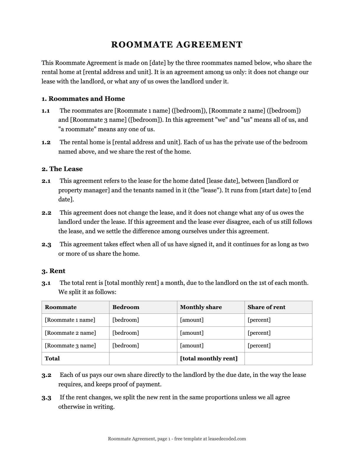 Roommate agreement template, page 1 sample